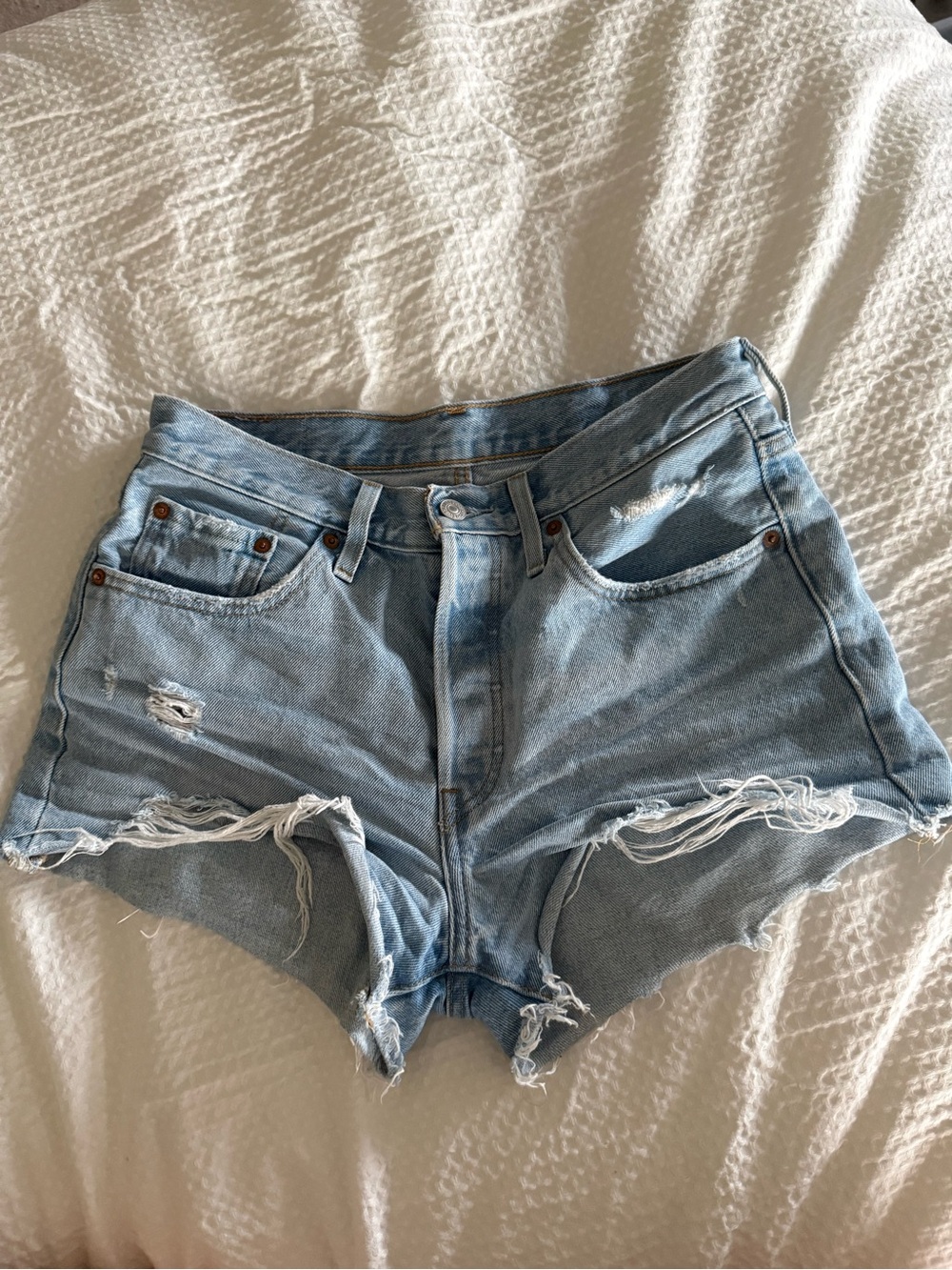 Levi's Light Blue Distressed High-Rise Denim Shorts